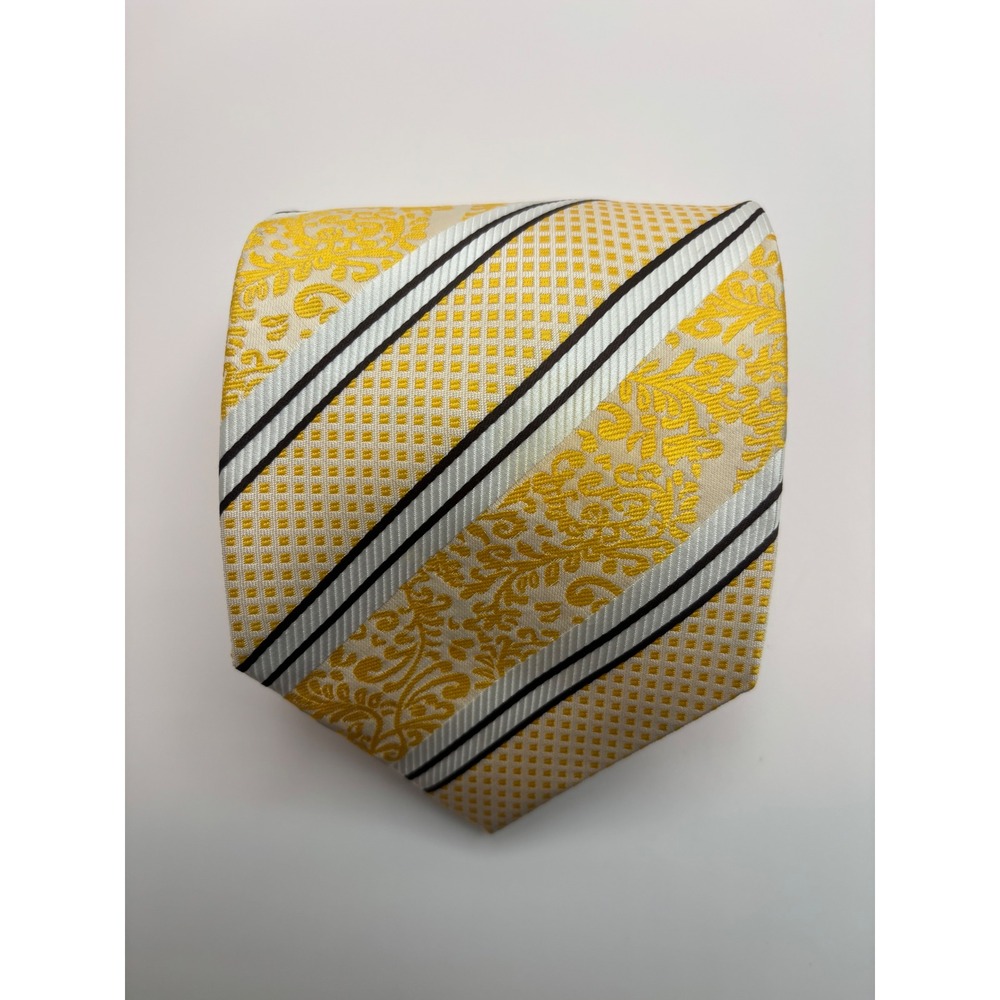 Avanti Uomo Mens Tie Yellow Floral Damask Geometric Striped Handmade Necktie